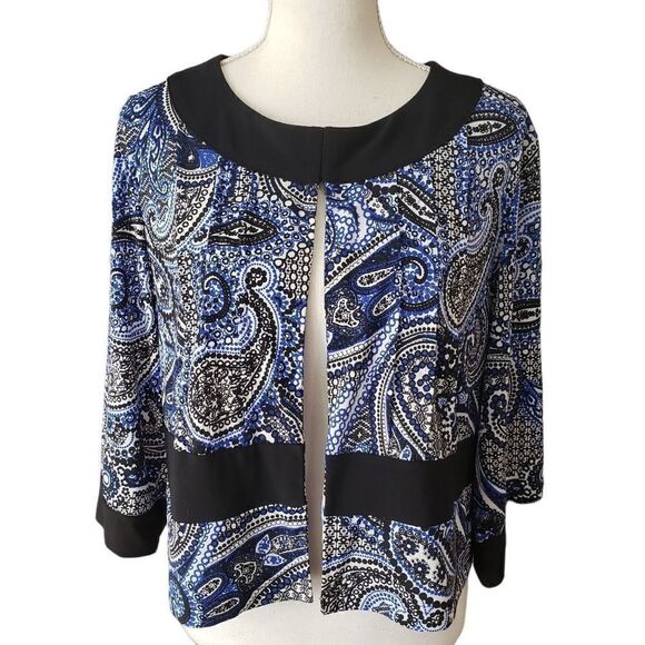 R&K Black Blue Paisley Print Open Cropped Jacket Sz L - Picture 1 of 13